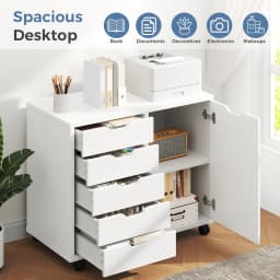 JHK Wood 5 Drawers Cabinets Organizer with Wheels Rolliing File Cabinet with Shelves and Door Printer Stand  for Home Office