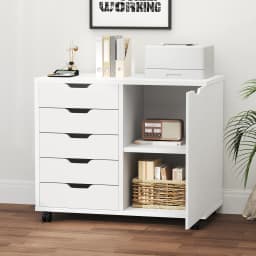 JHK Wood 5 Drawers Cabinets Organizer with Wheels Rolliing File Cabinet with Shelves and Door Printer Stand  for Home Office