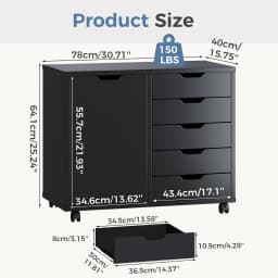 JHK Wood 5 Drawers Cabinets Organizer with Wheels Rolliing File Cabinet with Shelves and Door Printer Stand  for Home Office