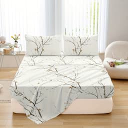 Dolin Plum Blossom Print Bedding Set (1 Fitted Sheet, 1 Flat Sheet, 2 Pillowcases) Ultra-Soft Breathable Fabric, Skin-Friendly, Comfortable, Breathable, Machine Washable, Suitable for All Seasons, Elegant and Exquisite, Ideal Choice for Bedrooms and Guest Rooms