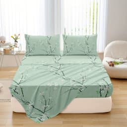 Dolin Plum Blossom Print Bedding Set (1 Fitted Sheet, 1 Flat Sheet, 2 Pillowcases) Ultra-Soft Breathable Fabric, Skin-Friendly, Comfortable, Breathable, Machine Washable, Suitable for All Seasons, Elegant and Exquisite, Ideal Choice for Bedrooms and Guest Rooms
