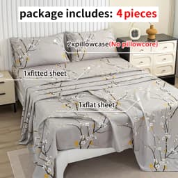 Dolin Plum Blossom Print Bedding Set (1 Fitted Sheet, 1 Flat Sheet, 2 Pillowcases) Ultra-Soft Breathable Fabric, Skin-Friendly, Comfortable, Breathable, Machine Washable, Suitable for All Seasons, Elegant and Exquisite, Ideal Choice for Bedrooms and Guest Rooms