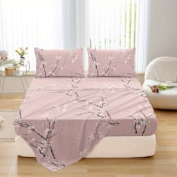 Dolin Plum Blossom Print Bedding Set (1 Fitted Sheet, 1 Flat Sheet, 2 Pillowcases) Ultra-Soft Breathable Fabric, Skin-Friendly, Comfortable, Breathable, Machine Washable, Suitable for All Seasons, Elegant and Exquisite, Ideal Choice for Bedrooms and Guest Rooms