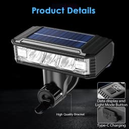 Solar Bicycle Light with Horn USB Rechargeable MTB Road Bike, Waterproof LCD Display Front Lamp Flashlight Bicycle Light 2000mAh