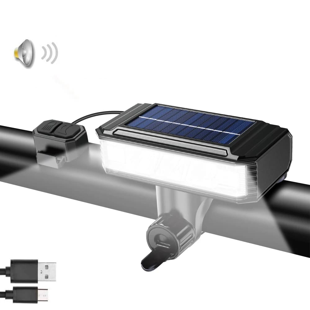 Solar Bicycle Light with Horn USB Rechargeable MTB Road Bike, Waterproof LCD Display Front Lamp Flashlight Bicycle Light 2000mAh