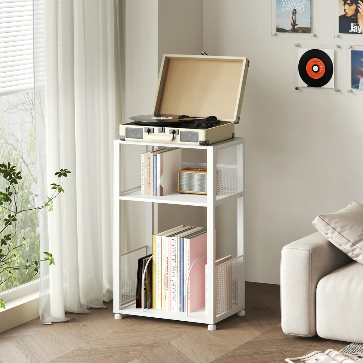 JHK 3-Tier Metal AV Media Stand CD Rack 1 Pack Record Player Stand with Storage Up to 100 Albums Records Shelf for Living Room