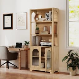 71' Tall Bookshelf and Bookcase, 5-Tier Arched Bookshelf with Glass Doors, Floor Standing 5 Shelf Book Case, Customized