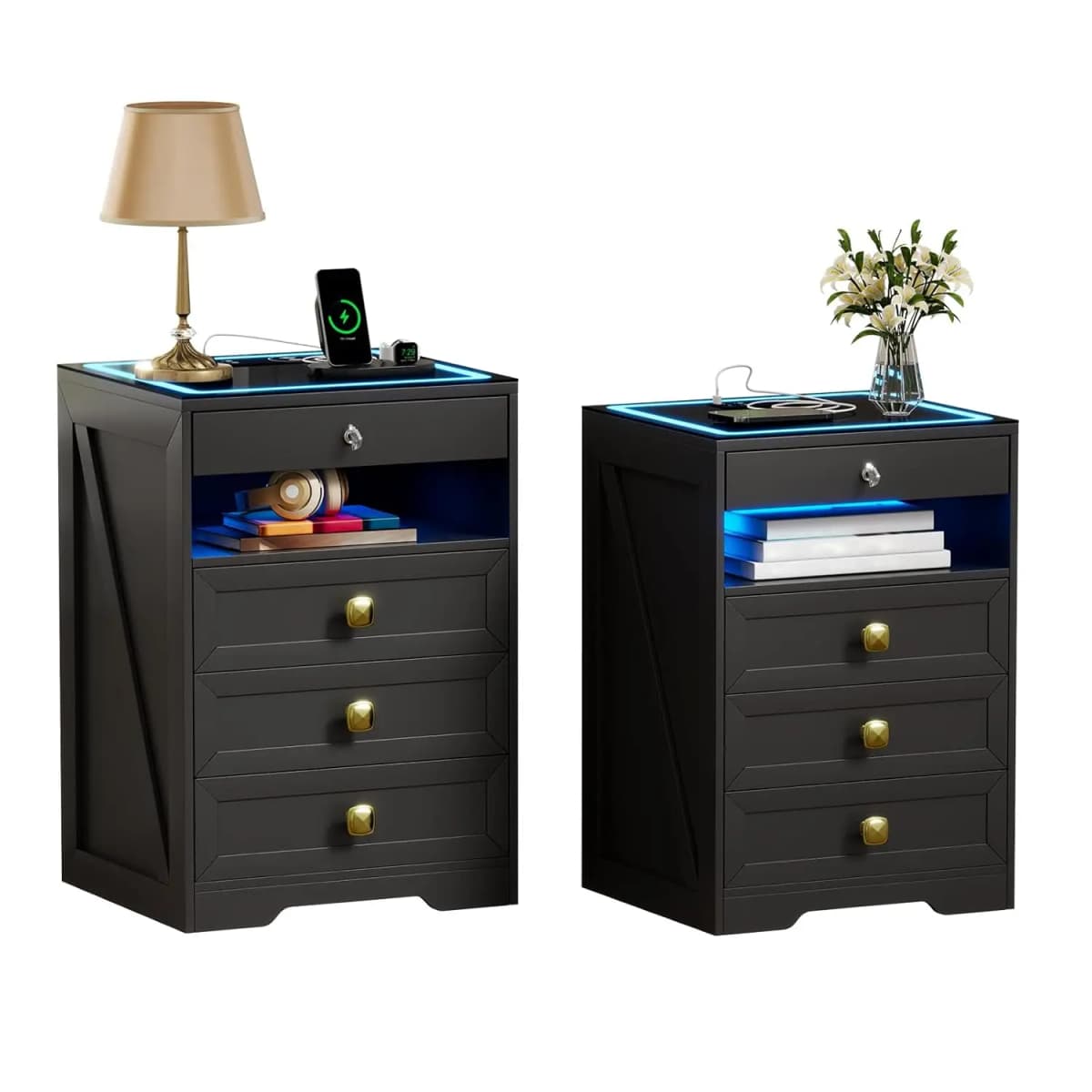 Night Stand Set 2 with Gun Drawer for Livingroom, Modern Nightstand with Wireless Charging Station for Bedroom, Customized