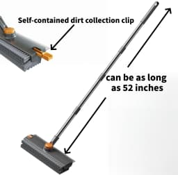 3 in 1 Floor Scrub Brush,Floor Scrubber with Squeegee and Tweezer, Push Broom with Long Handle,Heavy-Duty Stiff 90° Bristle Broom for Patio,Shower, Garage,Deck,Tile, Concrete & Wood Surface