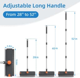 3 in 1 Floor Scrub Brush,Floor Scrubber with Squeegee and Tweezer, Push Broom with Long Handle,Heavy-Duty Stiff 90° Bristle Broom for Patio,Shower, Garage,Deck,Tile, Concrete & Wood Surface