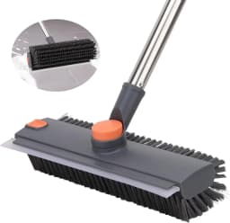 3 in 1 Floor Scrub Brush,Floor Scrubber with Squeegee and Tweezer, Push Broom with Long Handle,Heavy-Duty Stiff 90° Bristle Broom for Patio,Shower, Garage,Deck,Tile, Concrete & Wood Surface