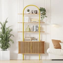 70.8" Arched Bookshelf Sliding Tambour Door Curved Metal Frame 4-Tier Display Living Room Bedroom Office Customized
