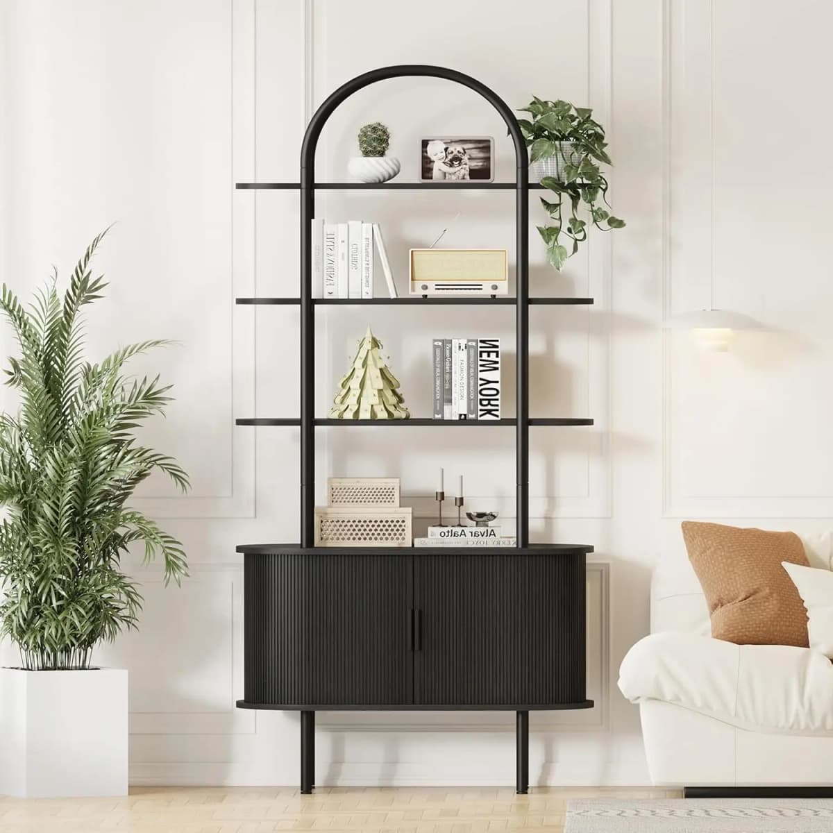 70.8" Arched Bookshelf Sliding Tambour Door Curved Metal Frame 4-Tier Display Living Room Bedroom Office Customized