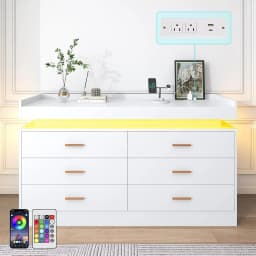 6 Drawer Dresser with Charging Station and LED Lights, Modern Chest of Drawers with Power Outlet, Organizer Cabinet, Customized
