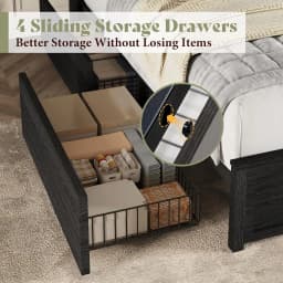 Queen Fireplace Storage Platform Bed with Headboard Barn Cabinets 4 Drawers 2 Racks RGB LED Charging Black Customized