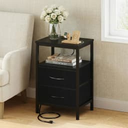 JHK 2 Fabric Drawers Night Stand with Open Shelf Bedside Table with USB Ports Charging Station Storage End Table for Living Room