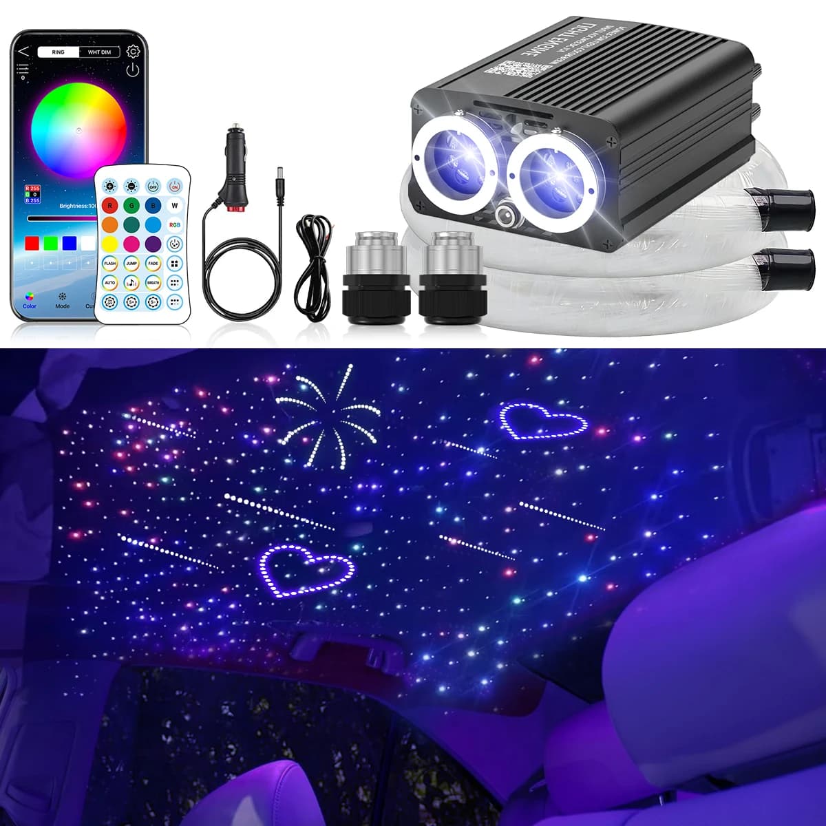 32W Twinkle Meteor 2 in 1 Starlight Headliner Light Kit, Fiber Optical Cable RGBW Light for Car/Home, APP/Remote Control 