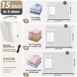 15 Pack Vacuum Bags for Travel with Rechargeable Air Pump, Compression Packing Bags for Luggage, Air Vacuum Bags with Rechargeable Pump, Reusable Space Saver Bags, Airtight Zipper Seal for Clothes Blankets Bedding Quilt, Vacuum Seal Bags for Clothing