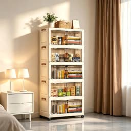 19.7in 3/4/5/6-Tier Foldable Storage Cabinet with Wheels, Stackable Plastic Storage Organizer with Magnetic Doors, Collapsible Storage Shelf for Bedroom, Living Room, Kitchen, Pantry, No Assembly Required, Beige