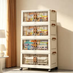 19.7in 3/4/5/6-Tier Foldable Storage Cabinet with Wheels, Stackable Plastic Storage Organizer with Magnetic Doors, Collapsible Storage Shelf for Bedroom, Living Room, Kitchen, Pantry, No Assembly Required, Beige
