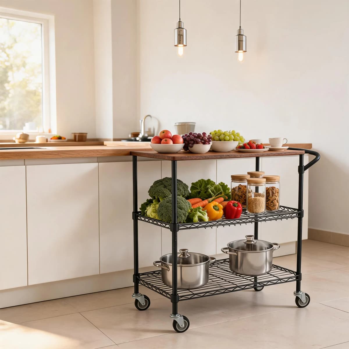 3-Tier Kitchen Island Cart With Wheels, 35.43in Heavy Duty Microwave Stand, Wood Top, Locking Utility Storage Cart For Home Bar