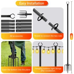 8 Pack Thickened Metal String Light Poles,10FT & 120Inch with Ground Fork Outdoor Hanging Post for Christmas Patio Garden Backyard Yard Festoon Globe String Lights Holder Outside Holiday Decor Accessories