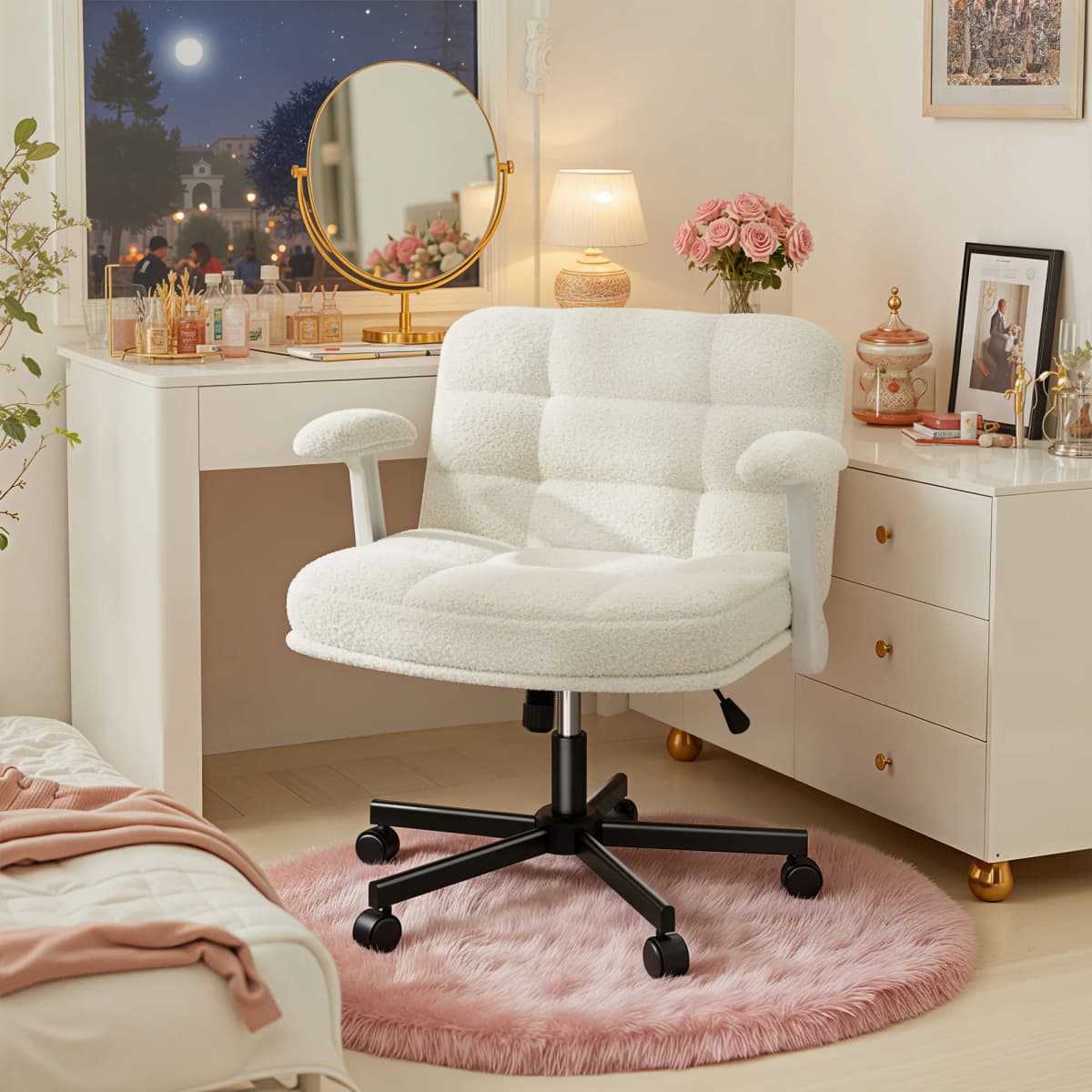 EnHomee Criss Cross Office  Chair with Wheels, Adjustable Height Vanity Chair,Teddy Plush Desk Chair with Flip-Up Arms for Bedroom & Home Office
