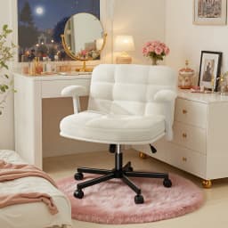 EnHomee Criss Cross Office  Chair with Wheels, Adjustable Height Vanity Chair,Teddy Plush Desk Chair with Flip-Up Arms for Bedroom & Home Office