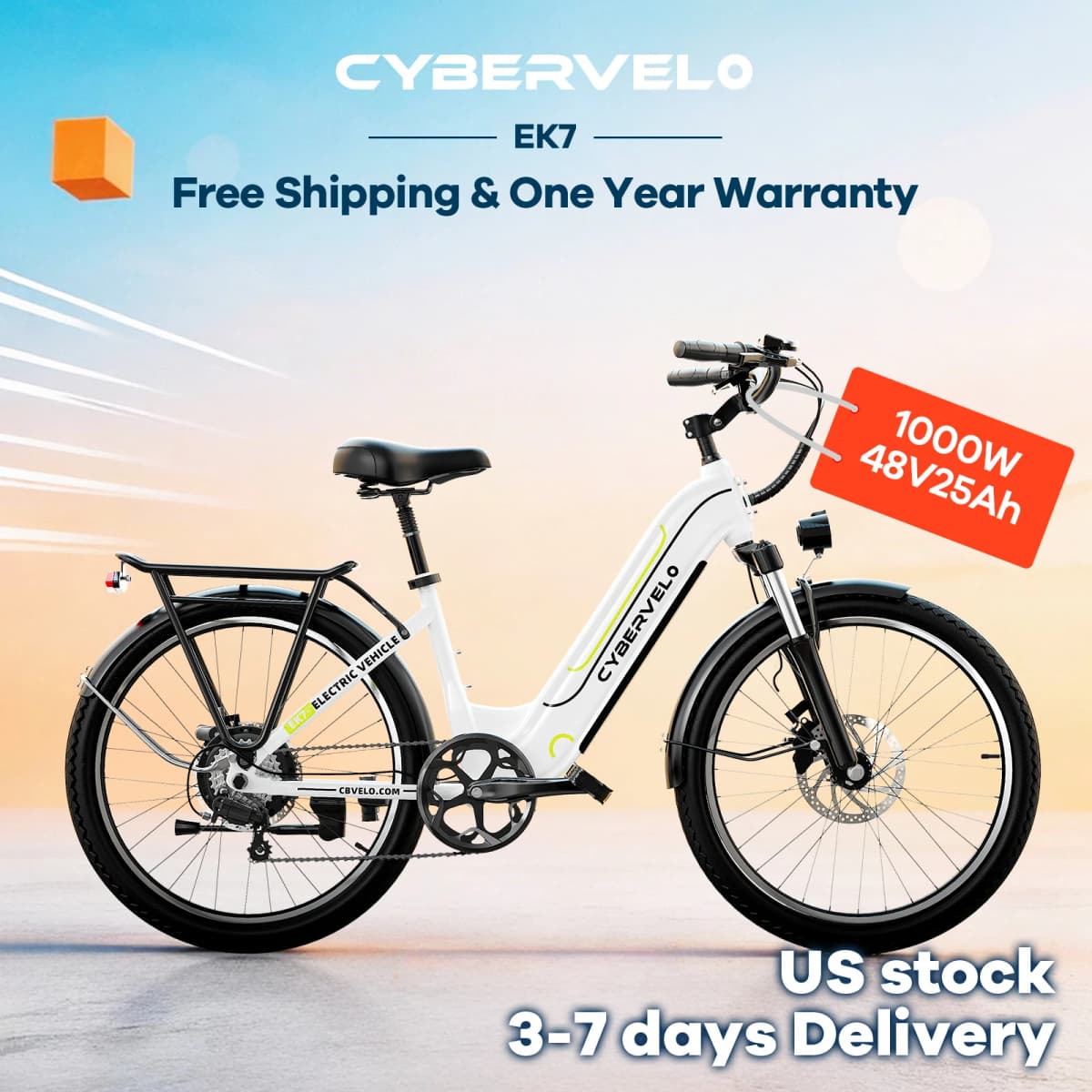 Cybervelo 1000W Peak Electric Bike for Adults up 80 Miles Removable Battery Ebike 26" Electric E Bike with 7-Speed Adult Electric Bicycles for Commute Beach Snow Womens and Man EK7