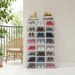 24 Pack Shoe Storage Boxes, Thickened PP+ABS Shoe Organizer with Clear Lid, Round Hole Design, Angel White Foldable & Stackable Dust Proof Box for Home, Doorway, Bedroom