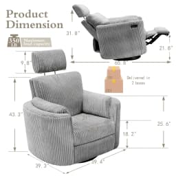 Power Swivel Recliner Rocking Chair Nursery Glider Rocker with Headrest, USB and Type-c Port, Corduroy Electric Reclining Sofa C