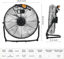 12/20 Inch Floor Fan, 3 Speeds 4800 CFM High Velocity Heavy Duty Industrial Fan, 360° Adjustable Tilt,Cooling for Industrial Home