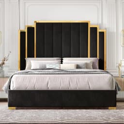 King Bed Frame Upholstered Platform with Gold Trim Headboard No Box Spring Needed Black, Customized