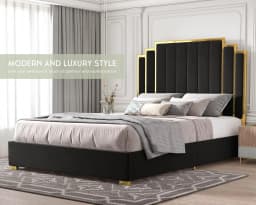 King Bed Frame Upholstered Platform with Gold Trim Headboard No Box Spring Needed Black, Customized