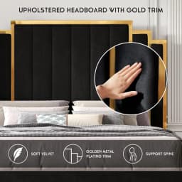 King Bed Frame Upholstered Platform with Gold Trim Headboard No Box Spring Needed Black, Customized
