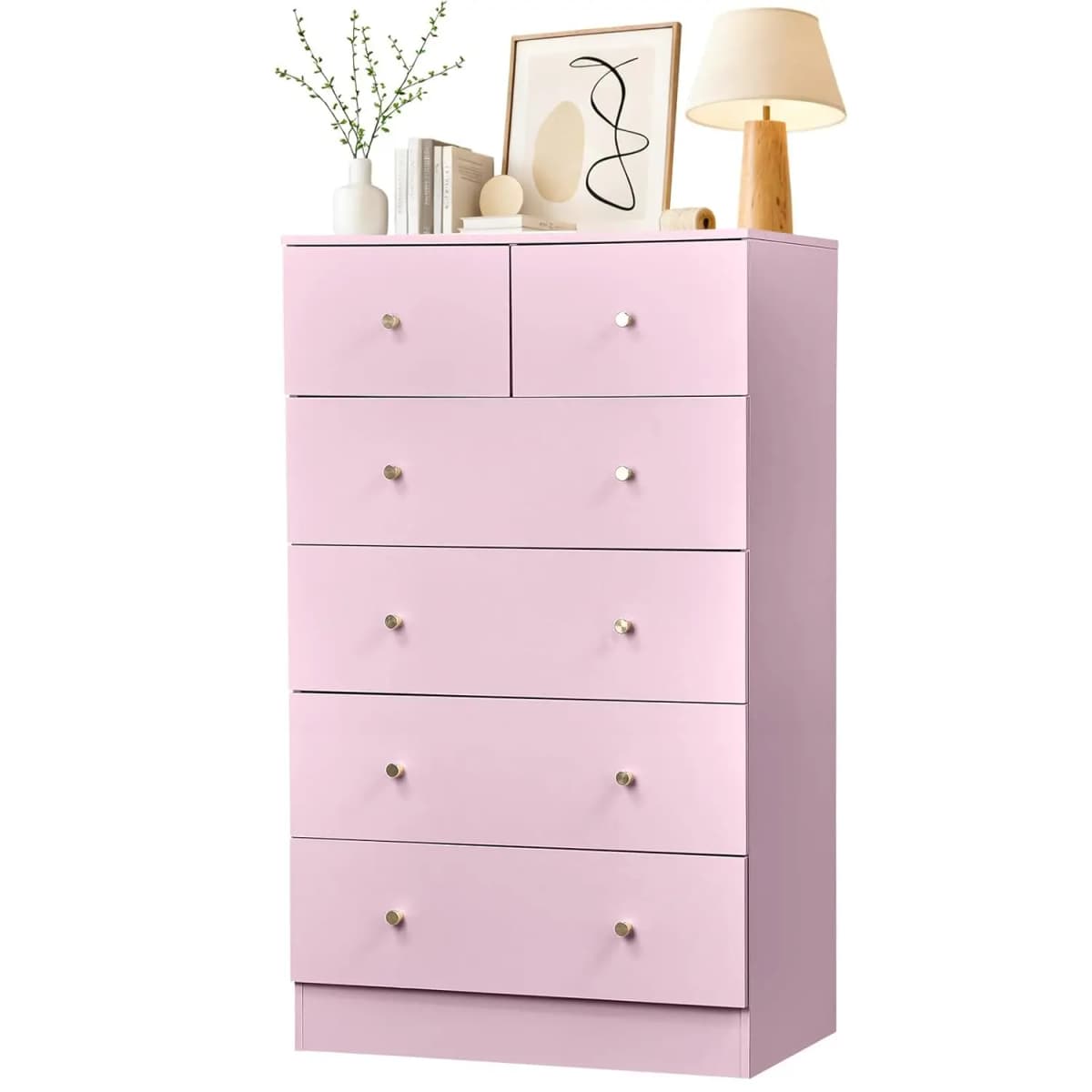 Pink 6 Drawer Dresser Bedroom Modern Wood Chest Anti-Tipping Rose Gold Handle Living Room Hallway Office, Customized