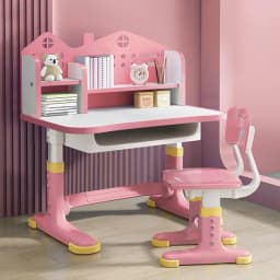 Kids Functional Desk Chair Set, Height Adjustable Children School Study Desk With Castle Backboard