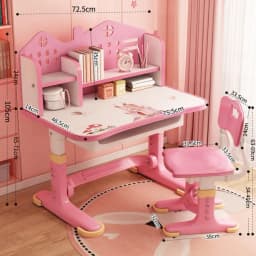 Kids Functional Desk Chair Set, Height Adjustable Children School Study Desk With Castle Backboard