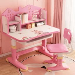 Kids Functional Desk Chair Set, Height Adjustable Children School Study Desk With Castle Backboard