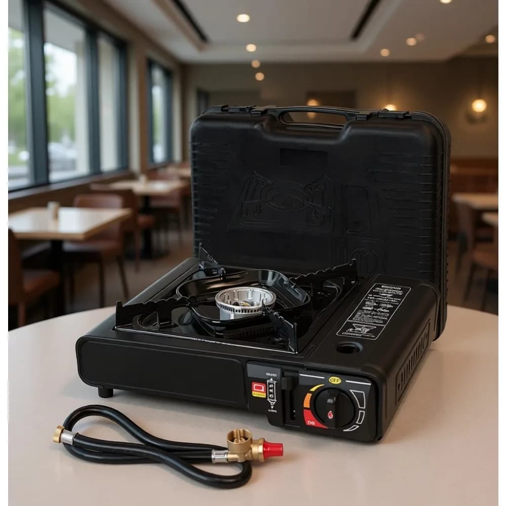 Dual Fuel Portable Camping Stove with Butane Propane Compatibility 7800 BTUs Output Includes Hose and Case