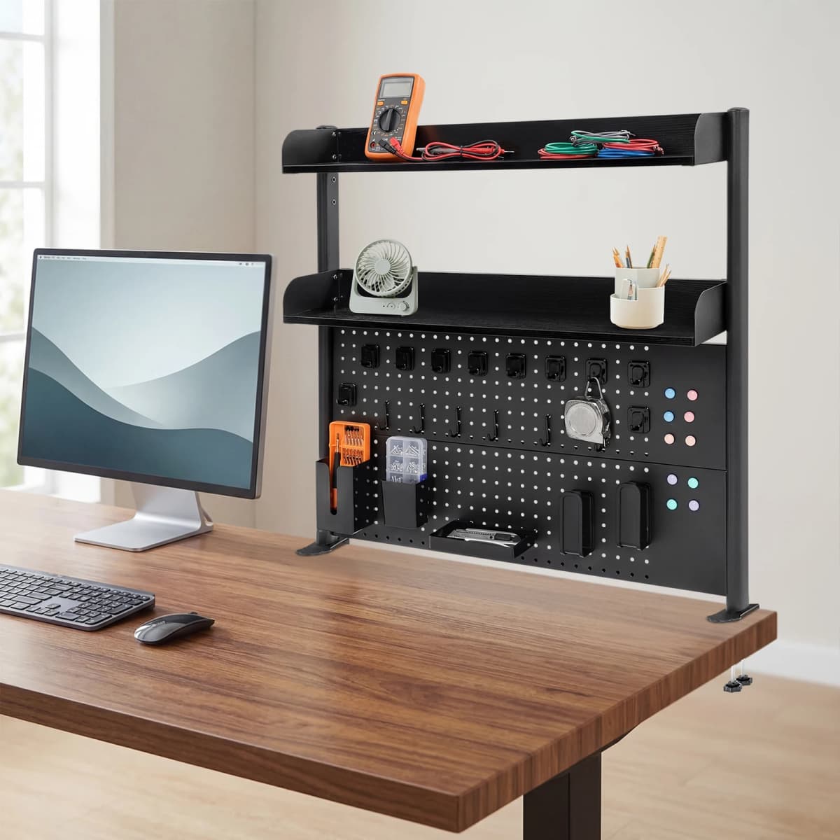 37" Clamp-on Pegboard with Accessories, No Drill Desk Shelf, 2-Tier Organizer with Hooks & Tray, Space Saving Storage Rack for Home Office & Dorm