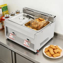 Gas Deep Fryer with Basket and Lid, Silver Commercial Deep Fryer, Stainless Steel Dual Tank Kitchen Deep Fryer 6L/6.34Qt
