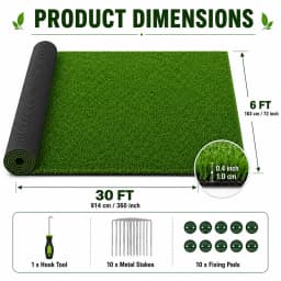 6FT X 30FT Artificial Grass Turf Roll 0.4in Poultry Coop Flooring Mat Quick Drain Synthetic Rug Black Backing Easy Clean Outdoor Farm Cover with Stakes for Chickens & Ducks