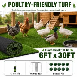 6FT X 30FT Artificial Grass Turf Roll 0.4in Poultry Coop Flooring Mat Quick Drain Synthetic Rug Black Backing Easy Clean Outdoor Farm Cover with Stakes for Chickens & Ducks