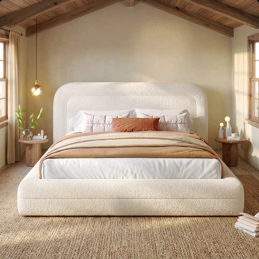 EnHomee Boucle Cloud Bed Frame with Headboard Upholstered Bed Frame with Curved Edges Design, Anti-Collision Platform Bed for Bedroom