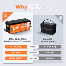 CTOLITY 2560Wh 12V 200Ah LiFePO4 RV Battery Low Temp Cutoff - Built-in 200A BMS - Deep Cycle for Camper, Trolling Motor RV