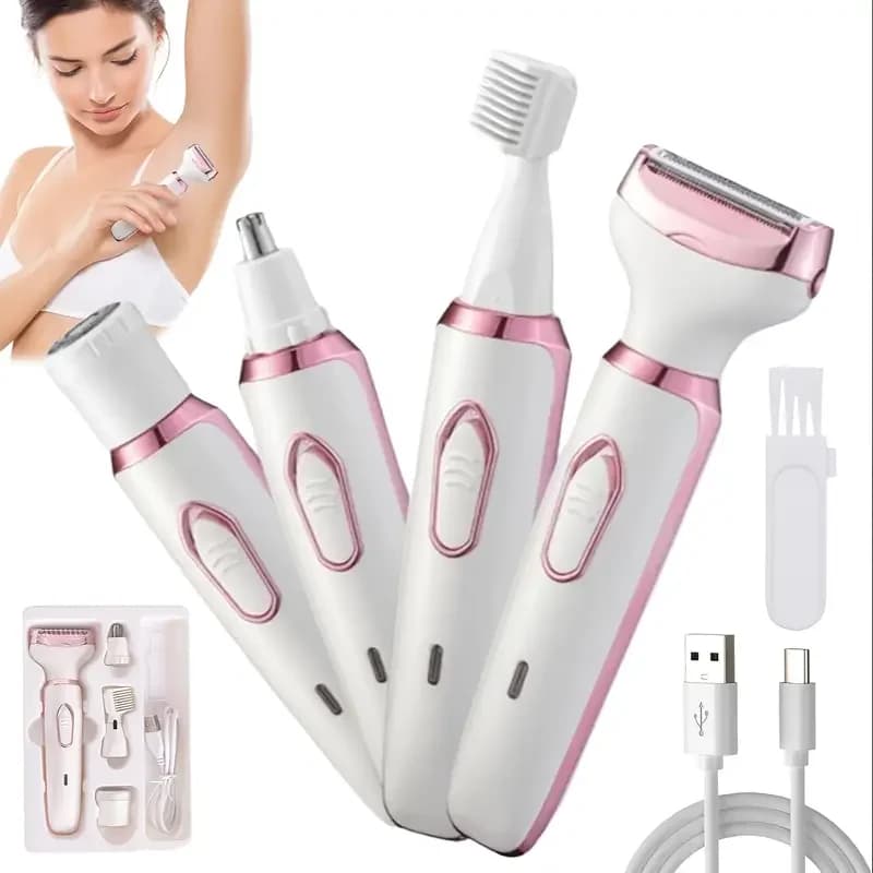 4-in-1 Painless Razor for Women] 4-in-1 Rechargeable Electric Razor for Women - Face, Nose, Legs, Underarm, Bikini Trimmer - Wet