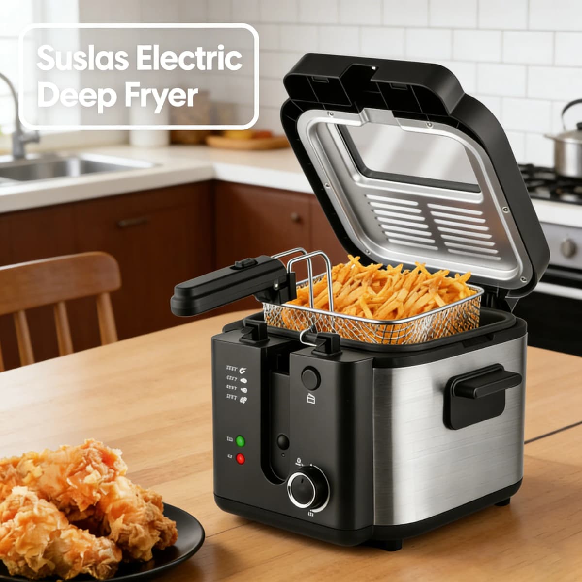 Suslas 1.5L-6L Electric Deep Fryer Stainless Steel Countertop Fryer with View Window, Adjustable Temp & Removable Basket