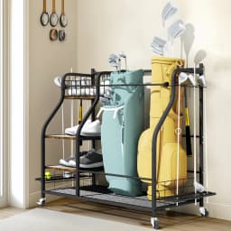 Multifunctional Rolling Golf Bags Storage Shelf Metal Sports Equipment Organizer Rack with Wheels