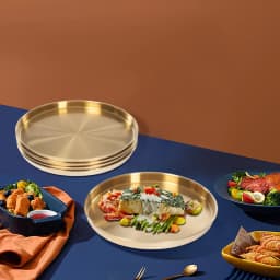 6 Piece Round Serving Tray, Gold Plated Tray Set 30cm Diameter, Elegant Decorative Trays for Wedding Party Decor, Home Kitchen